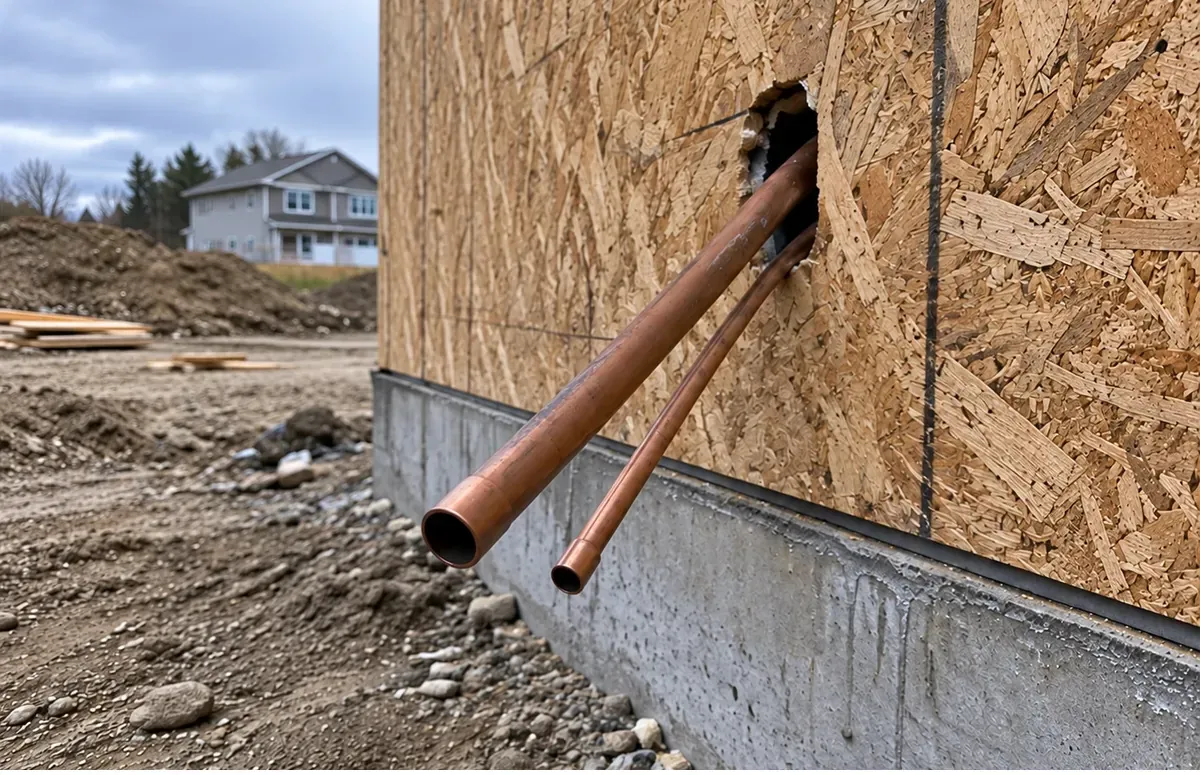 Copper line set left exposed through a bare hole in wall sheathing on a job site
