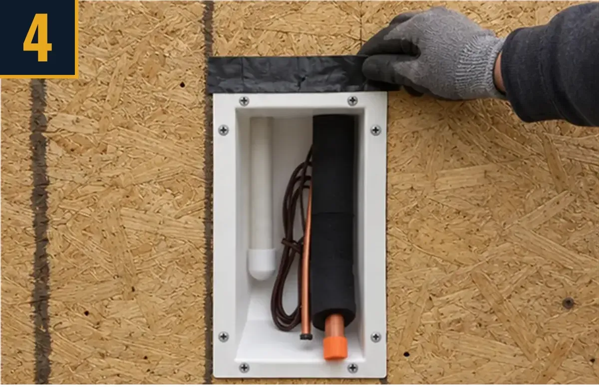 Flashing tape on the Lineset Box flange with lines run inside