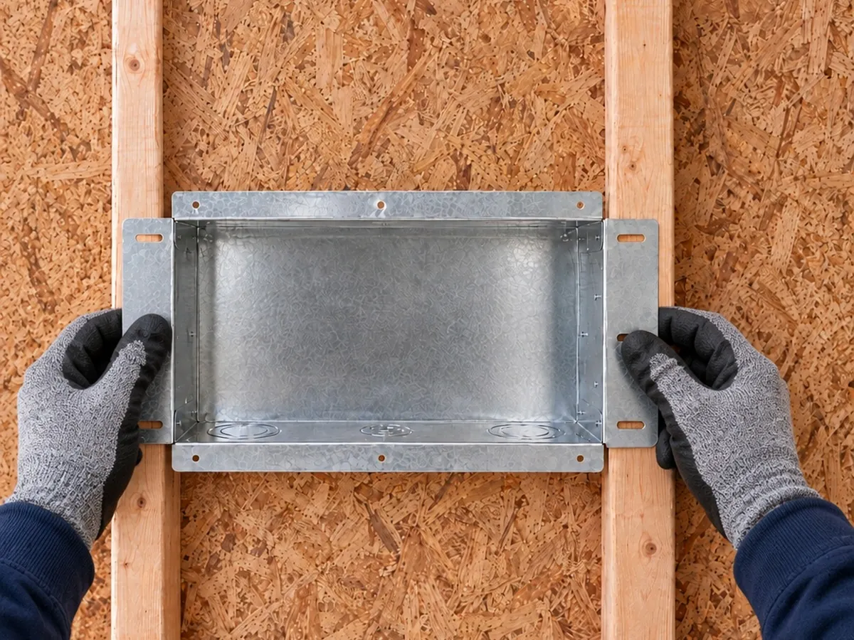 Gloved hands positioning the Star Box between two wood studs